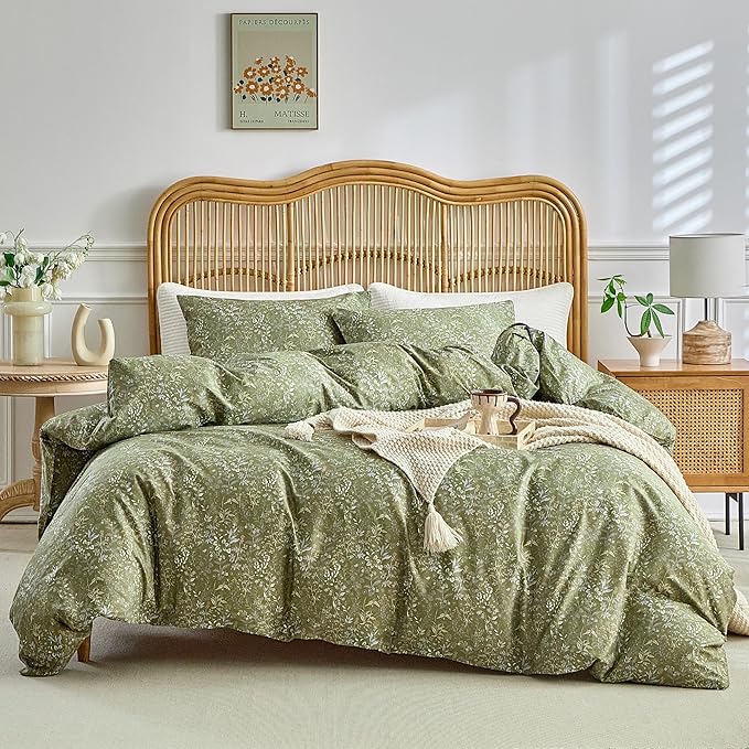 Army Green Comforter Set Washable for Bedroom Twin XL Boho Floral Quilted Comforter Set for Girls, Women, Men Warm Durable Bedding Set for All Seasons, 68''x90''