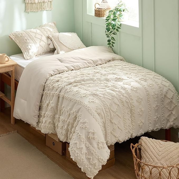 Bedsure Tufted Boho Comforter Set Twin Size - Beige Boho Bed Set, GentleSoft™ 2 Pieces Farmhouse Shabby Chic Embroidery Bedding, Gifts for Woman, Soft Jacquard Twin Comforter for All Seasons