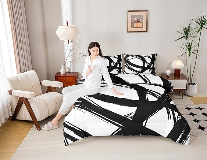 Erosebridal Black and White Striped King Bedding Set for Kids Teens Adults, Geometric Striped Comforter Set for Minimalists,Graffiti Aesthetic Lines Duvet Insert,Contemporary Boho Modern Art Quilt