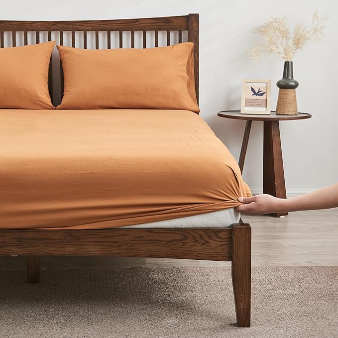 Simple&Opulence Belgian Linen Sheet Set Solid Color -Sheet Set 4PC - Cal King Natural Flax Cotton Blend Soft Breathable Farmhouse Bedding - California King, Rust