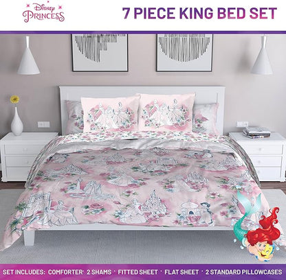 Jay Franco Kids Comforter Set Includes Sheets and Pillow Covers - Soft and Cozy Bed Set for Stylish Room Decor, Pink - Disney Princess, 7 Piece King Bedding