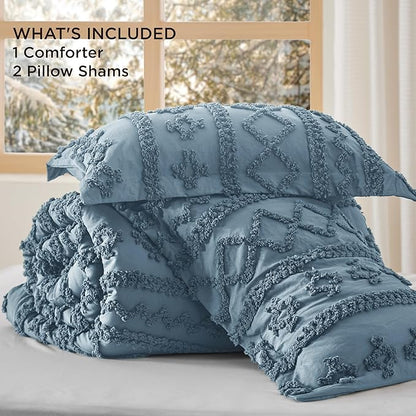 Bedsure Tufted Boho Comforter Set Full Size - Dusty Blue Boho Bed Set, GentleSoft™ 3 Pieces Farmhouse Shabby Chic Embroidery Bedding, Gifts for Woman, Soft Jacquard Full Comforter for All Seasons