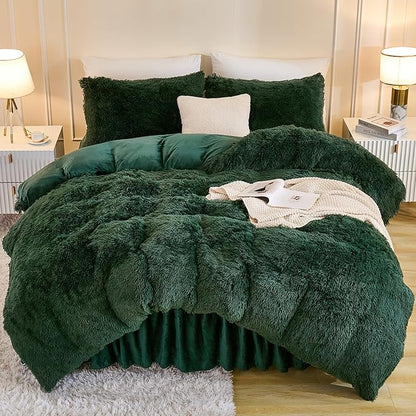 Andency Fluffy Emerald Green Comforter Set Full Size, 3 Pieces Winter Faux Fur Warm Soft Fuzzy Plush Bedding Comforter Set (1 Velvet Comforter & 2 Pillowcases), Thick Heavy Puffy Comfy Bedding Set