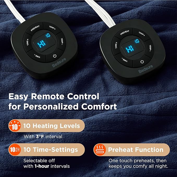 Bedsure Electric Blanket Queen Size - Dual Control Heated Blanket Queen, Fast Heating with 10 Time Settings & 10 Heat Settings, Warm Gifts for Grandma, Women, Men (84x90 inches, Navy)