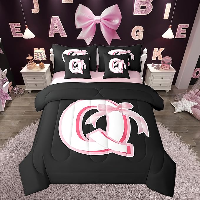 jejeloiu Kawaii Pink Bow Full Comforter Set with Sheets,Gifts for Women Teen Girl,Personalized Initial Letter 7 Piece Bedding Set,Soft Monogrammed Bed in a Bag with Comforter,Sheets,Pillowcases