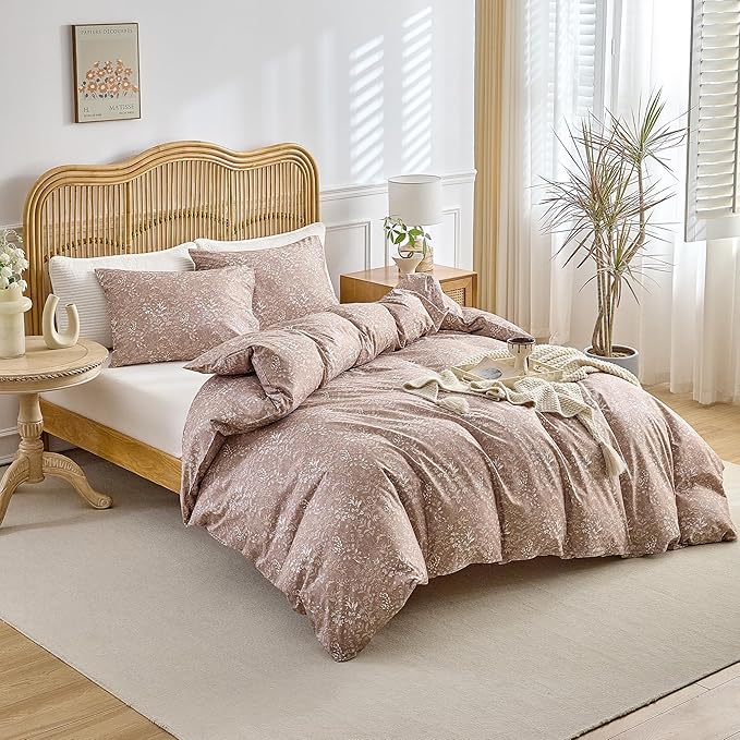 Khaki Comforter Set King Size with Flowers Washable Brushed Microfiber Bedding Comforter Set for Bedroom Soft Warm Comforter Set with 2 Matched Pillowcases