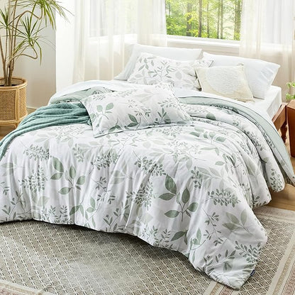 Bedsure Comforter Set Queen Size - Cute Floral Bedding Comforter Set, 3 Pieces, 1 Soft Reversible Sage Green Botanical Flowers Comforter and 2 Pillow Shams