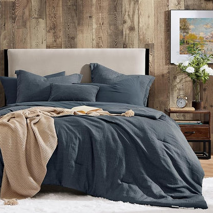Geniospin Full Comforter Set - 7 Pieces Comforter Full Size, Solid Bedding Sets for All Season, Textured Bed in a Bag with Flat Sheet and Fitted Sheet, Pillowcases and Shams (Navy Blue, 80''x90'')
