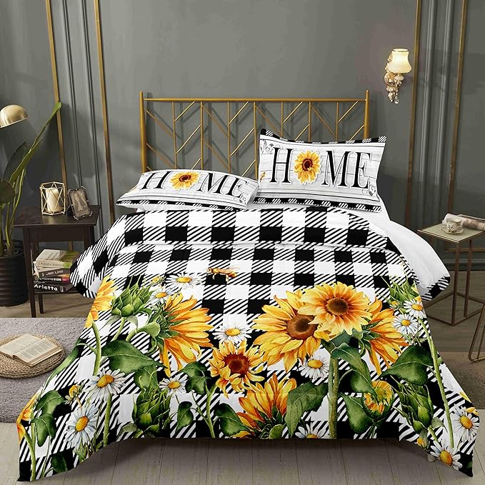 Spring Sunflower Home Full Size Comforter Set with 2 Pillowcases, Buffalo Plaid Black and White Pillow Shams Printed Soft 3 Pcs Bedding for Kids and Adults Bedroom Bed Decor Dormroom All Season