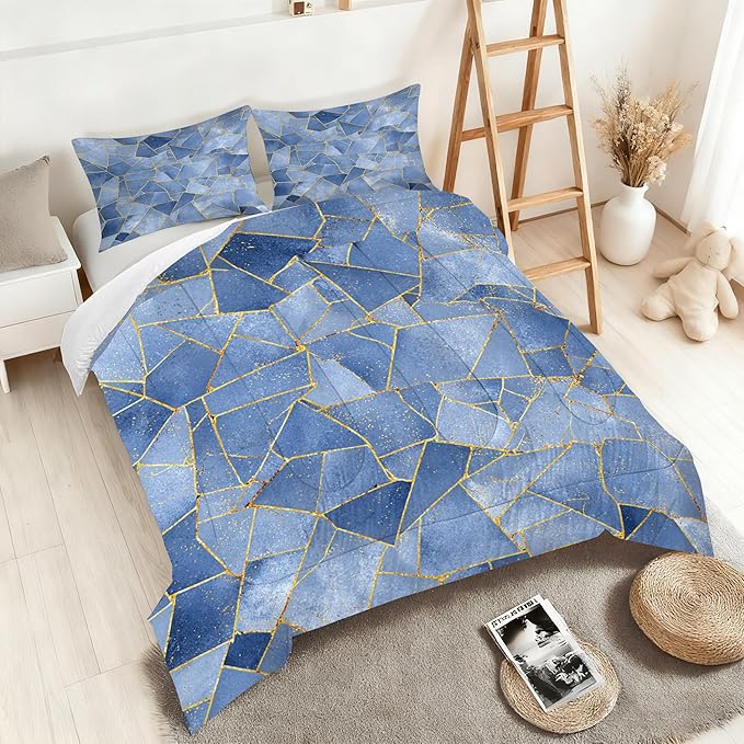 Geometri Marble Comforter Set Full Size Gold Glitter Lines Bedding Set Marbled Geometry Print Bed Set for Bedrom Decor Watercolor Dusty Blue Marbling Quilt Set with 1 Comforter + 2 Pillowcases