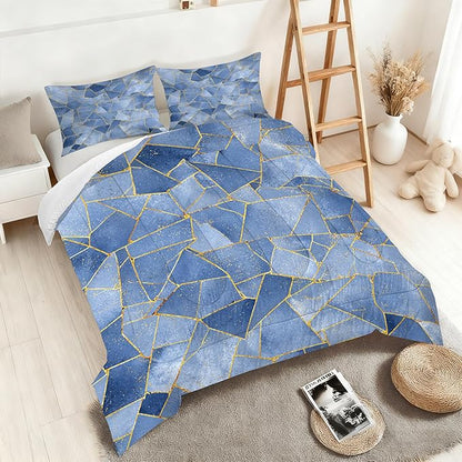 Geometric Blue Marble Bedding Set for Boys Kids Adults Twin Size, Gold Lines Geometric Comforter Set for Bedroom Decor Watercolor Smog Blue Gold Marbled Bed Set with 1 Comforter + 1 Pillowcase