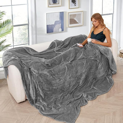 Electric Heated Blanket Queen Size 84"x90", Breathable & Luxurious Flannel, with Dual Control, with 4 Heating Levels & 10 Hours Auto-Off, Fast Heating, Machine Washable, for Bedding-Light Gray