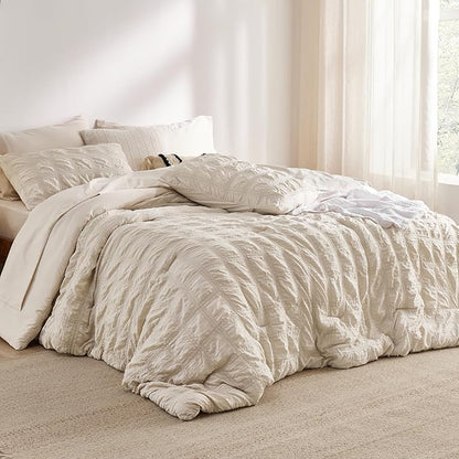 Bedsure Bed in a Bag Queen - 7 Pieces Plaid Seersucker Bedding Comforter Sets, Soft Lightweight Beige Boho Bed Set with Comforters Queen Size, Sheets, Pillowcases & Shams