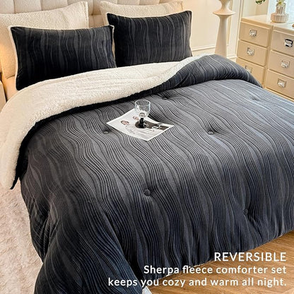 3D Striped Jacquard Sherpa Comforter Set King Size, Boho Geometric Pattern Quilt Bedding 3 Pieces Warm Cozy Fuzzy Comforter with 2 Pillowcases(104"X90" Dark Grey)