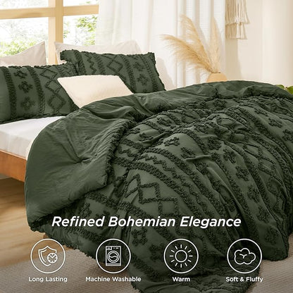 Bedsure Tufted Boho Comforter Set Oversized King - Olive Green Boho Bed Set, GentleSoft™ 3 Pieces Farmhouse Shabby Chic Embroidery Bedding, Gifts for Woman, Soft Jacquard Comforter for All Seasons