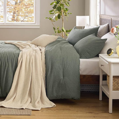 Bedsure 5 PCS Cotton Comforter Set with Waffle Throw Blanket - Breathable Bedding Set for All Seasons, Olive Green Comforter Full Size, Pillow Shams, Beige 100% Cotton Blanket, Throw Pillow
