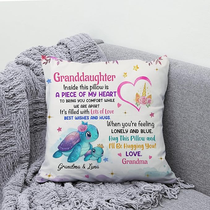 Hyturtle Personalized Granddaughter Pillow (Insert Included) Gifts from Grandma - Birthday Graduation Gifts for Granddaughter - Sea Turtle Custom Name Sofa Couch Cushion Home Decor Pillow