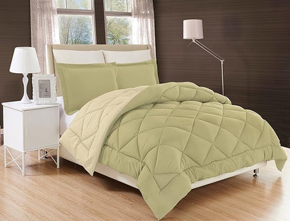 Elegant Comfort Goose Down Alternative -Diamond-Stitched- Quilted 2-Piece Reversible Comforter Set/Duvet Insert Soft Bedding-Medium Warmth for All Seasons, Twin/Twin XL, Sage/Cream