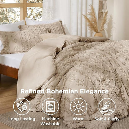 Bedsure Tufted Boho Comforter Set California King Size - Khaki Boho Bed Set, GentleSoft™ 3 Pieces Farmhouse Shabby Chic Embroidery Bedding, Gifts for Woman, Soft Jacquard Comforter for All Seasons