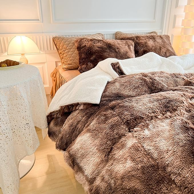 Luxury Faux Fur Shaggy Comforter Set King Size, Plush & Sherpa Reversible Comforter Tie Dye Coffee, 3 Pieces Fluffy Fuzzy Bedding Set Ultra Soft and Warm for Winter (1 Comforter + 2 Pillowcases)
