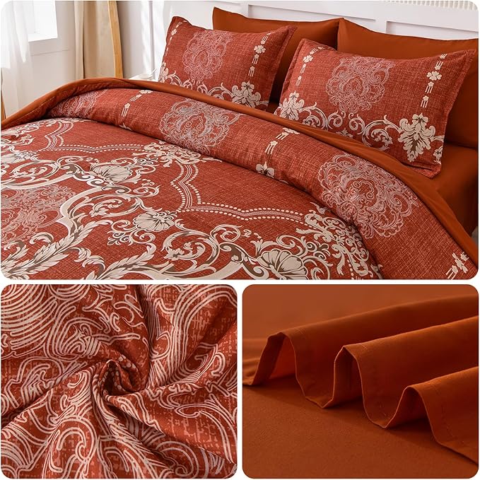 Mybedsoul 7 Pieces Terracotta Comforter Set King Size, Damask Bed in a Bag for King Bed, Lightweight Microfiber Boho Bedding Sets with Comforter, Sheet, Pillowcases & Shams for All Season (90"x104")
