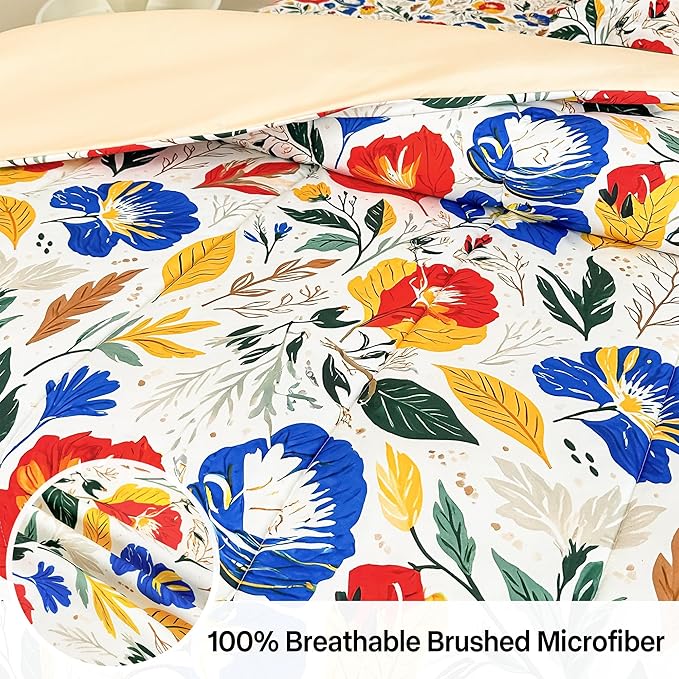 Floral Queen Comforter Set with Sheets, 7 Piece Luxury Vintage Bedding, Soft Microfiber Bed in a Bag, Cozy Lightweight Bed Set, Blue Orange Flower