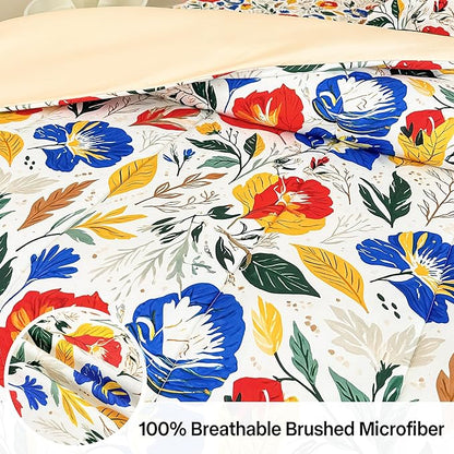 Floral Queen Comforter Set with Sheets, 7 Piece Luxury Vintage Bedding, Soft Microfiber Bed in a Bag, Cozy Lightweight Bed Set, Blue Orange Flower