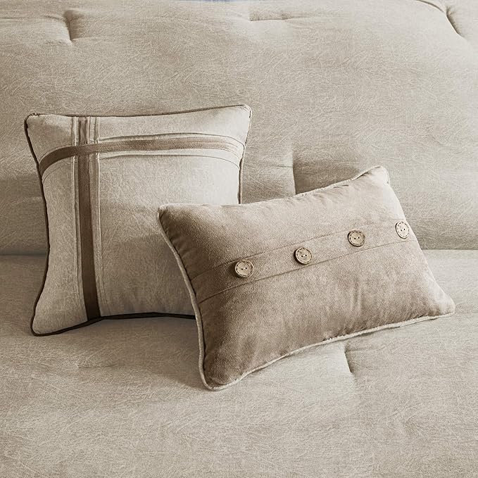 Madison Park Boone Cozy Comforter Set, Faux Suede, Deluxe Hotel Styling All Season Down Alternative Bedding Matching Shams, Decorative Pillow, Queen (90 in x 90 in), Rustic Tan 7 Piece