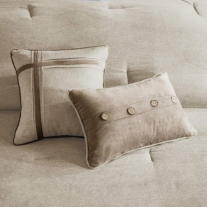 Madison Park Boone Cozy Comforter Set, Faux Suede, Deluxe Hotel Styling All Season Down Alternative Bedding Matching Shams, Decorative Pillow, Queen (90 in x 90 in), Rustic Tan 7 Piece