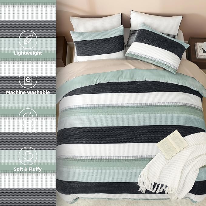 Litanika Fluffy Fleece Queen Comforter Set, Luxury Soft Plush Fuzzy Sage Green Stripe Bedding Comforter Sets, Warm Shaggy Faux Fur Bed Set All Season (1 Comforter, 2 Pillowcases)