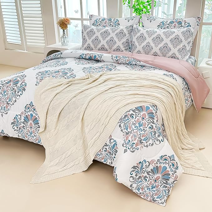 Floral King Comforter Set with Sheets, 7 Piece Luxury Vintage Bedding, Soft Microfiber Bed in a Bag, Cozy Lightweight Bed Set, Damask Boho Flower