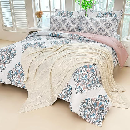 Floral King Comforter Set with Sheets, 7 Piece Luxury Vintage Bedding, Soft Microfiber Bed in a Bag, Cozy Lightweight Bed Set, Damask Boho Flower