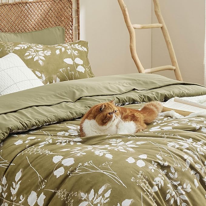 Bedsure Twin Comforter Set - 5 Pieces Floral Olive Green Soft Bedding Sets, Twin Bed in a Bag with Botanical Flowers Comforter, Sheets, Pillowcase & Sham