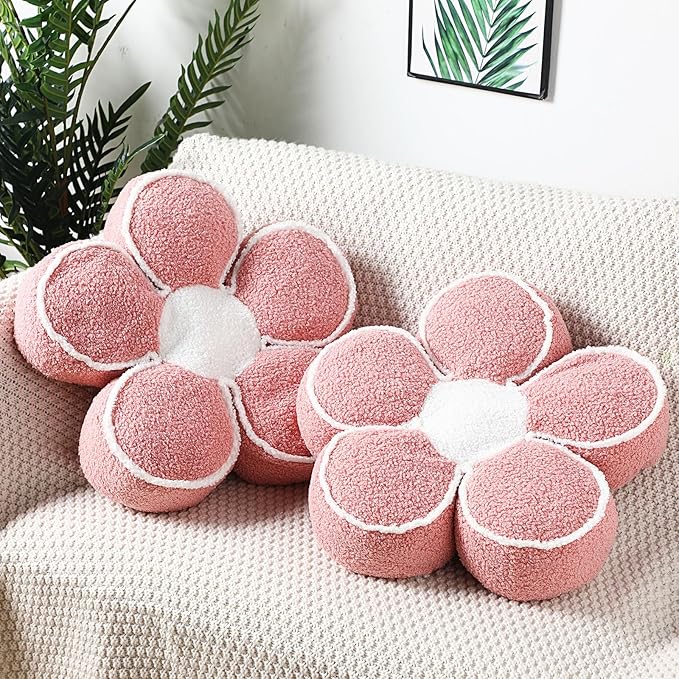 Menkxi 2 Pack Flower Pillows Cute Flower Shaped Pillows Daisy Pillow Throw Soft Floor Cushion for Living Room Bedroom Sofa Couch Winter Warm Decoration 15.7 Inch(Pink)