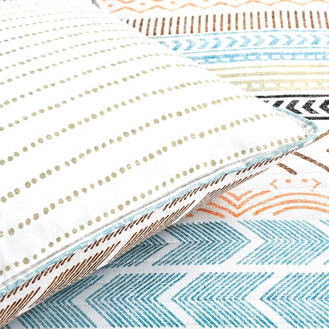 Lush Decor Hygge Geo Pattern Striped 3 Piece Quilt Bedding Set, King, Neutral & Multicolored