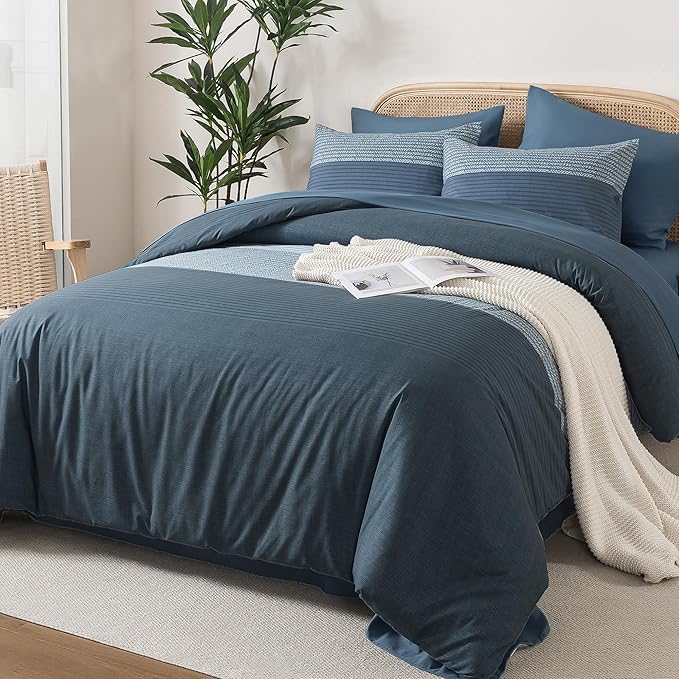 Andency California King Comforter Set Haze Blue - 7 Pieces Striped Lightweight Bed in a Bag, Soft Microfiber Reversible Bedding Set with Comforter, Fitted & Flat Sheet, Pillowcases & Shams