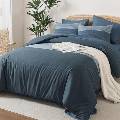 Andency California King Comforter Set Haze Blue - 7 Pieces Striped Lightweight Bed in a Bag, Soft Microfiber Reversible Bedding Set with Comforter, Fitted & Flat Sheet, Pillowcases & Shams