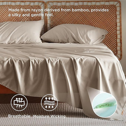 Bedsure California King Sheet Sets, Cooling Sheets, Rayon Derived from Bamboo, Deep Pocket Up to 16", Breathable & Soft Bed Sheets, Hotel Luxury Silky Bedding Sheets & Pillowcases, Simply Taupe