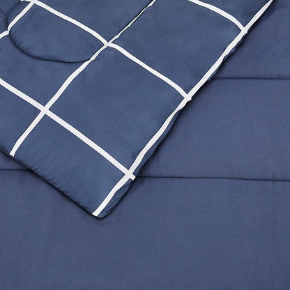 Amazon Basics Full/Queen Comforter Set with Sheets, 7-Piece Navy with Grey Plaid Bedding, Lightweight Microfiber Bed-in-a-Bag