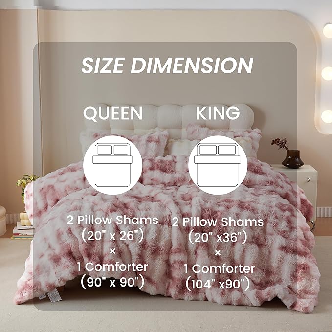 Simple&Opulence Fluffy Faux Fur Comforter Set, Plush Fuzzy Minky Bedding Set, 3 Pieces Warm Soft Comforter Bedding Set for Winter - 1 Shaggy Comforter with 2 Pillow Shams(Queen, Pink)