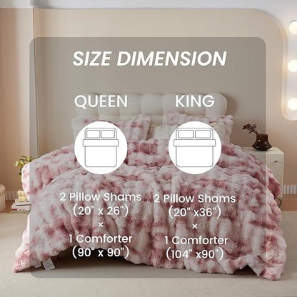Simple&Opulence Fluffy Faux Fur Comforter Set, Plush Fuzzy Minky Bedding Set, 3 Pieces Warm Soft Comforter Bedding Set for Winter - 1 Shaggy Comforter with 2 Pillow Shams(Queen, Pink)