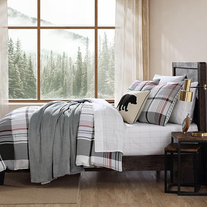 Eddie Bauer- King Comforter Set, Reversible Microsuede Bedding with Matching Sham(s), Casual Home Decor (Normandy Plaid Black, King)