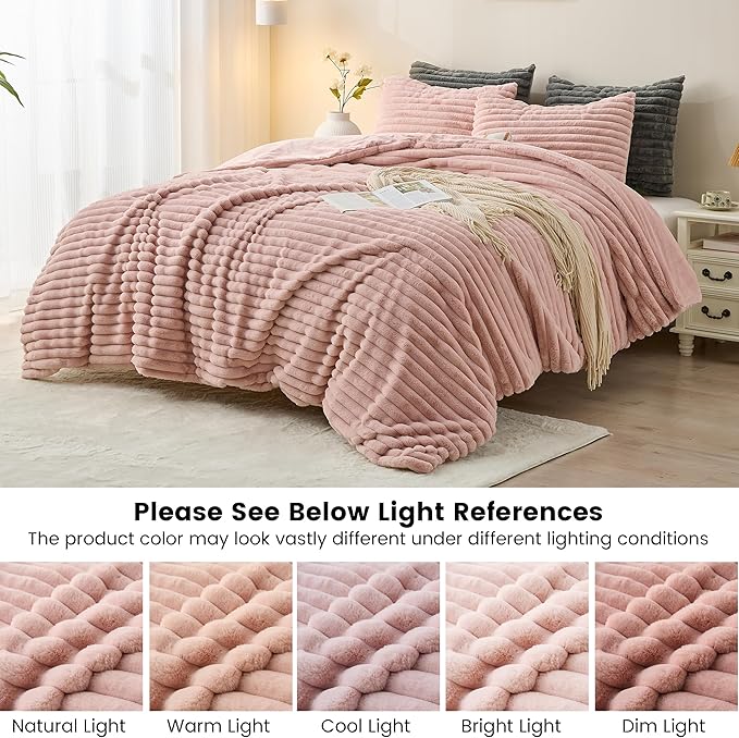 Simple&Opulence Fluffy Faux Fur Comforter Set, Plush Fuzzy Minky Bedding Set, 3 Pieces Warm Soft Comforter Bedding Set for Winter - 1 Shaggy Comforter with 2 Pillow Shams(King, Striped - Pink)