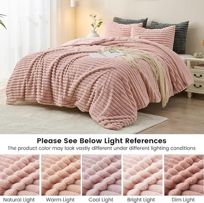 Simple&Opulence Fluffy Faux Fur Comforter Set, Plush Fuzzy Minky Bedding Set, 3 Pieces Warm Soft Comforter Bedding Set for Winter - 1 Shaggy Comforter with 2 Pillow Shams(King, Striped - Pink)