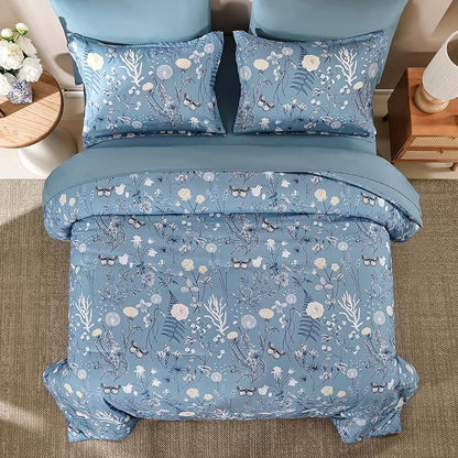 Yiran Blue Comforter Set Queen Size, 7 Piece Floral Comforter Bedding Set, Botanical Farmhouse Bed in a Bag, Soft Microfiber Complete Bedding Set with Sheets for All Season