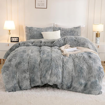 Andency Faux Fur Tie-Dyed Grey White Comforter for Queen Size Bed, 3 Pieces Fluffy Fuzzy Plush Bedding Comforter Set (1 Shaggy Velvet Comforter & 2 Pillowcases), Soft Puffy Bedding Set