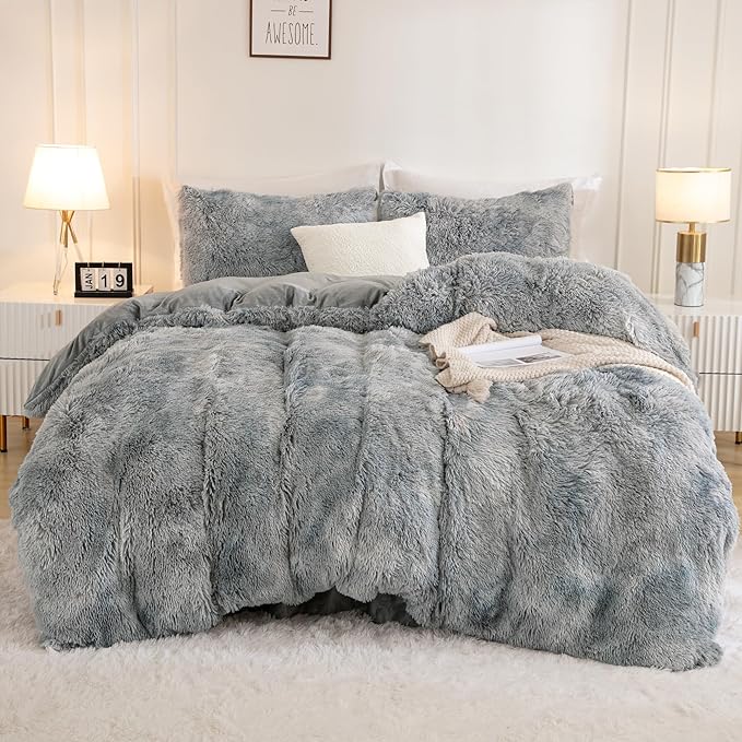 Andency Faux Fur Tie-Dyed Grey White Comforter Set Full Size, 3 Pieces Fluffy Fuzzy Plush Bedding Comforter Set (1 Shaggy Velvet Comforter & 2 Pillowcases), Soft Puffy Down Comforter Bedding Set
