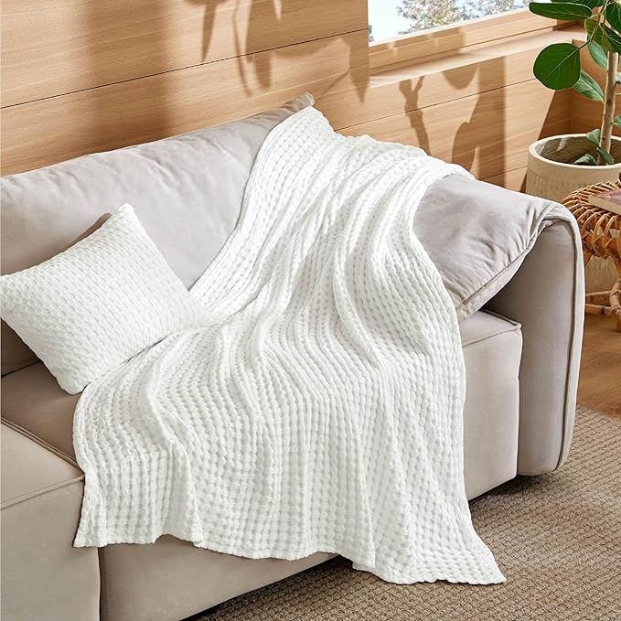Bedsure 5 Pieces Cotton Comforter Set with Cotton Waffle Throw Blanket - Beige Comforter Full Size, Pillow Shams, White Cooling Blanket of Rayon Derived from Bamboo for Hot Sleepers, Throw Pillow