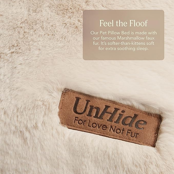 UnHide Floof Pet Bed - Medium (28" x 10") - Extra Soft Dog Bed - Removable Faux Fur Cover - Machine Washable - Helps Ease Pet Anxiety & Provides The Perfect Sleep - Beige Bear