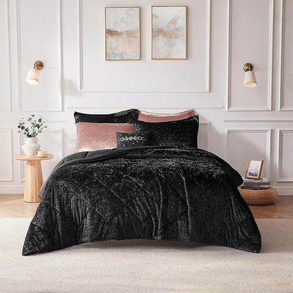 Intelligent Design Twin Comforter Set, Velvet Comforter Set , Luxury Diamond Quilting Comforter Set, Fluffy Comforter Bed Set with Decorative Pillowand 1 Sham, 3 Piece Black, Twin/Twin XL